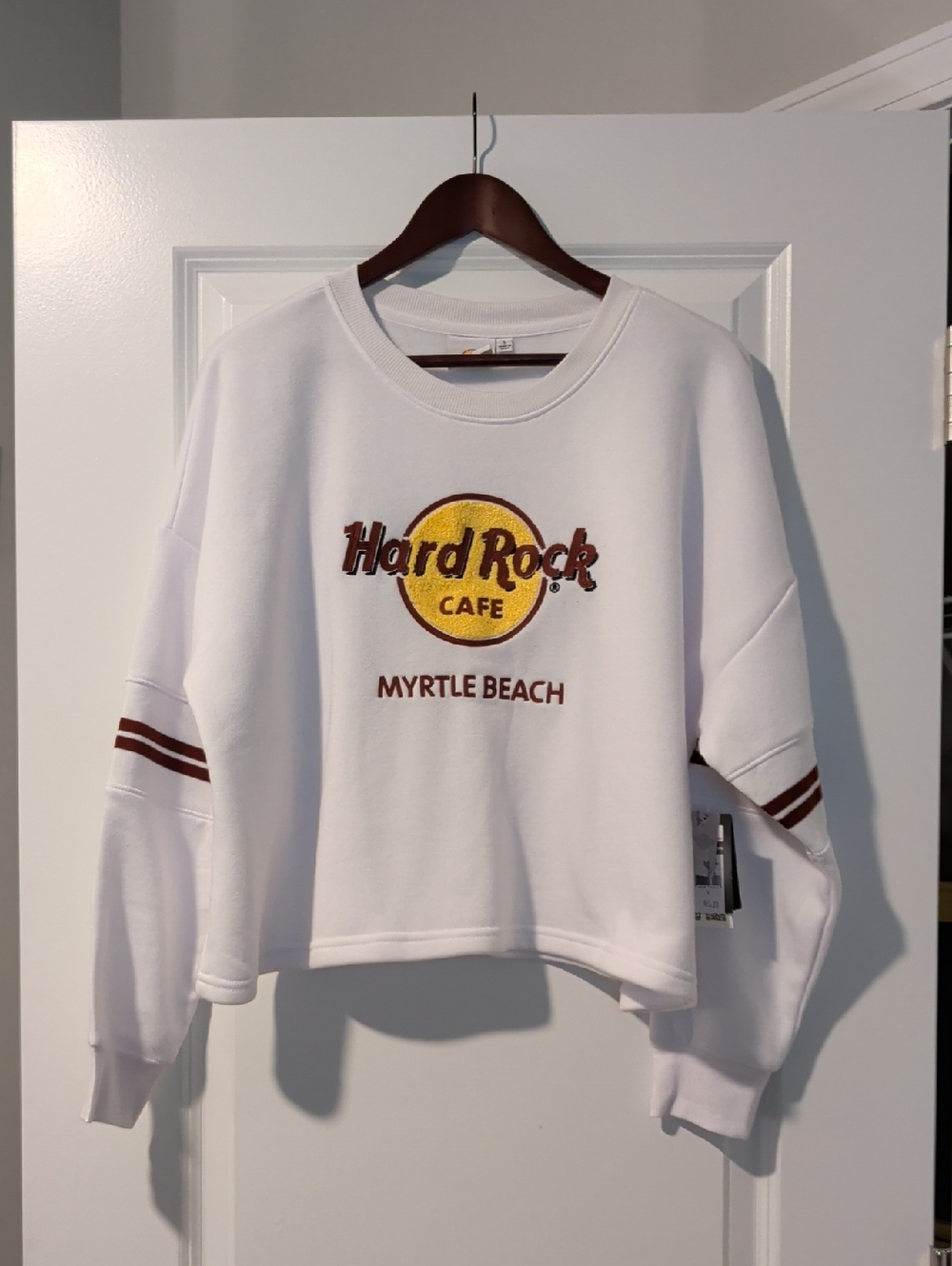 Hard Rock Cafe Myrtle Beach White Cropped Crewneck with Yellow Logo
